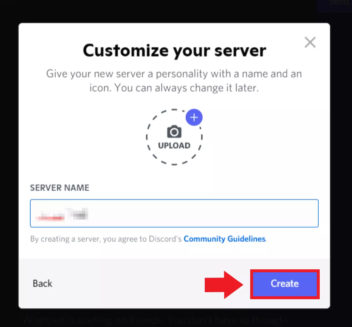 Enter the server name in the server menu and click on “Create”