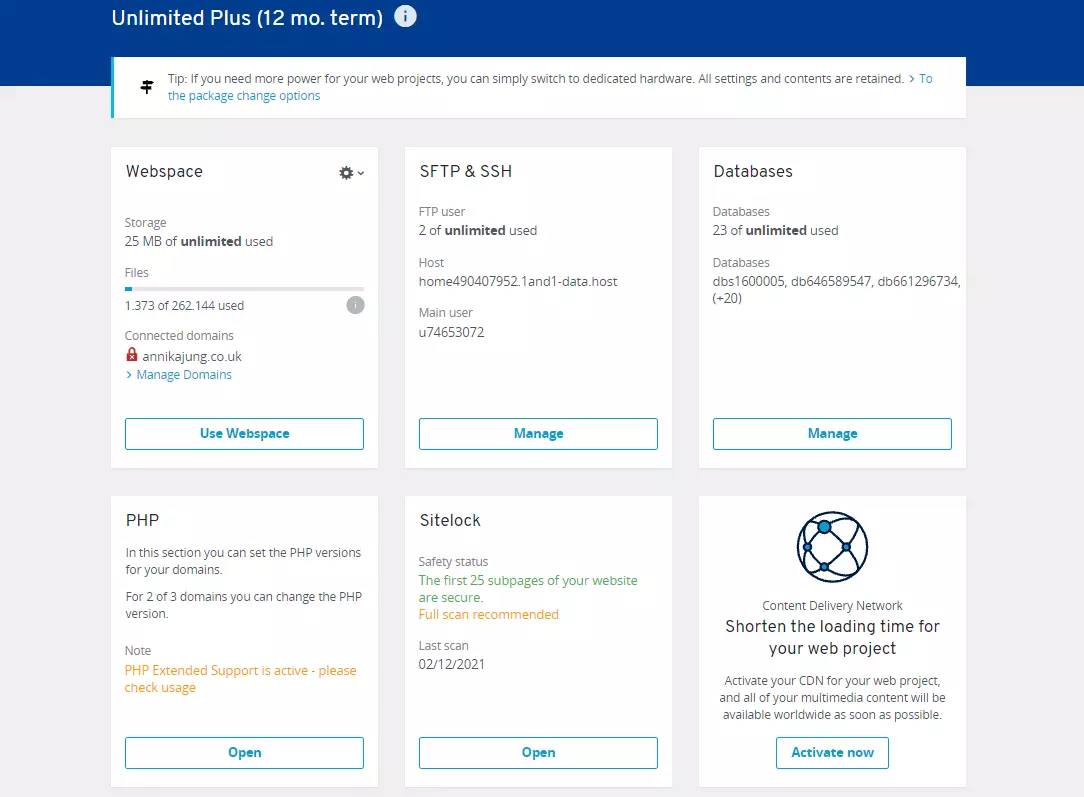 IONOS Control Panel: PHP entry in Hosting dashboard