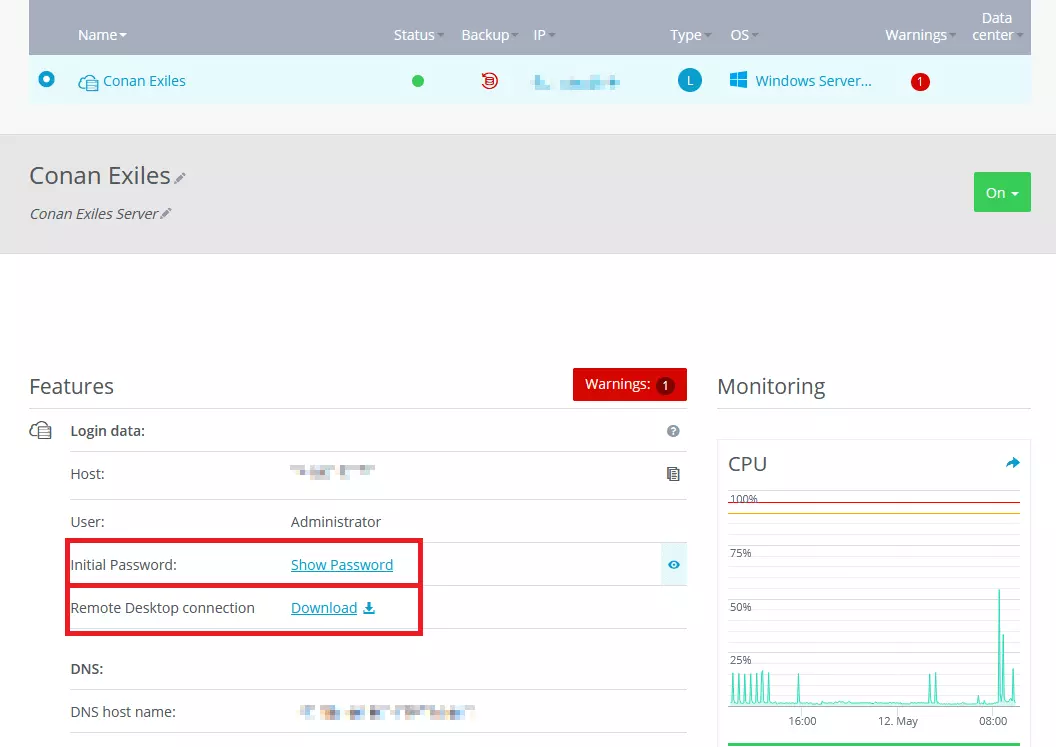 Server details in IONOS Cloud Panel