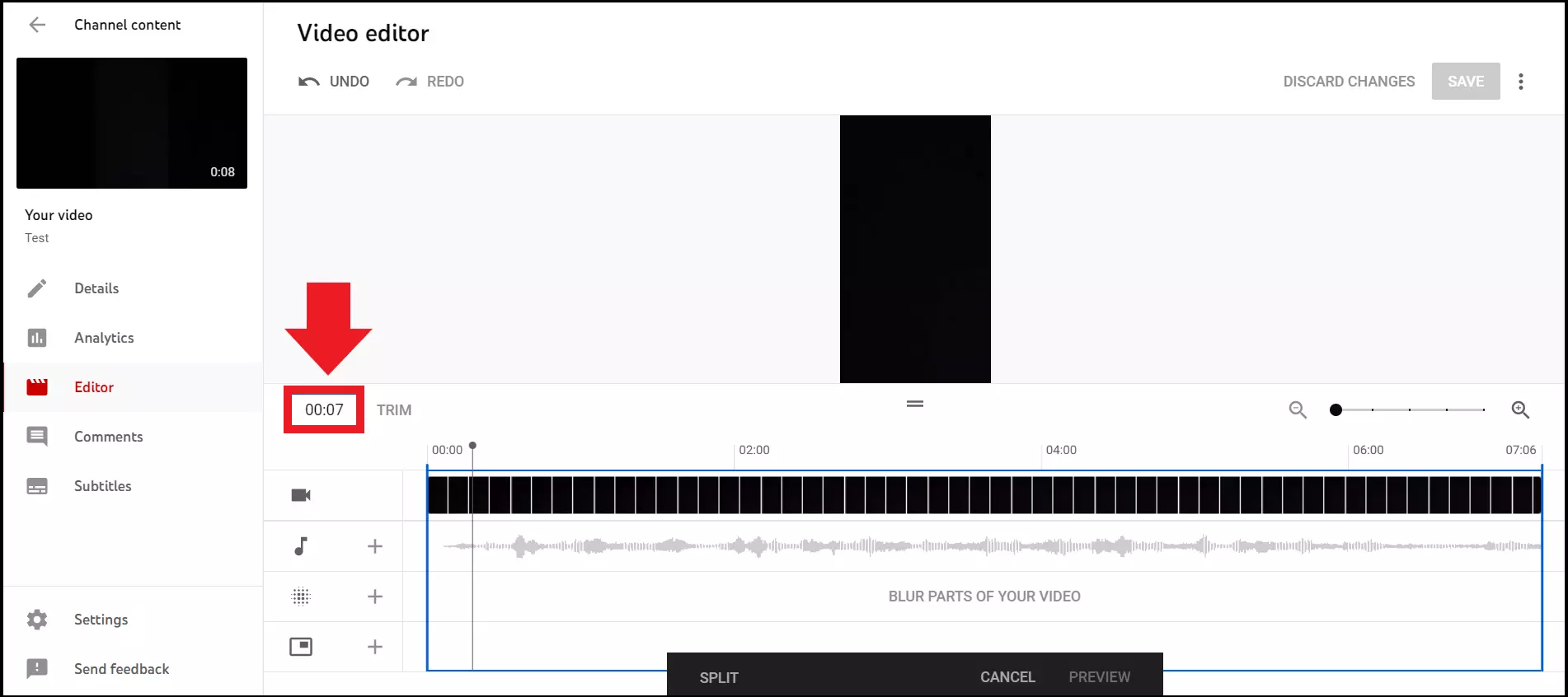 The time stamp next to “Trim” for entering trim marks