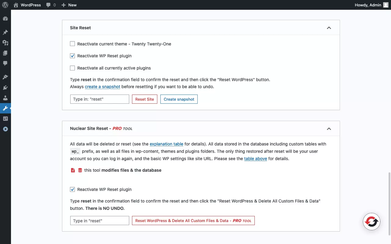 Screenshot of the reset page of the “WP Reset” plugin