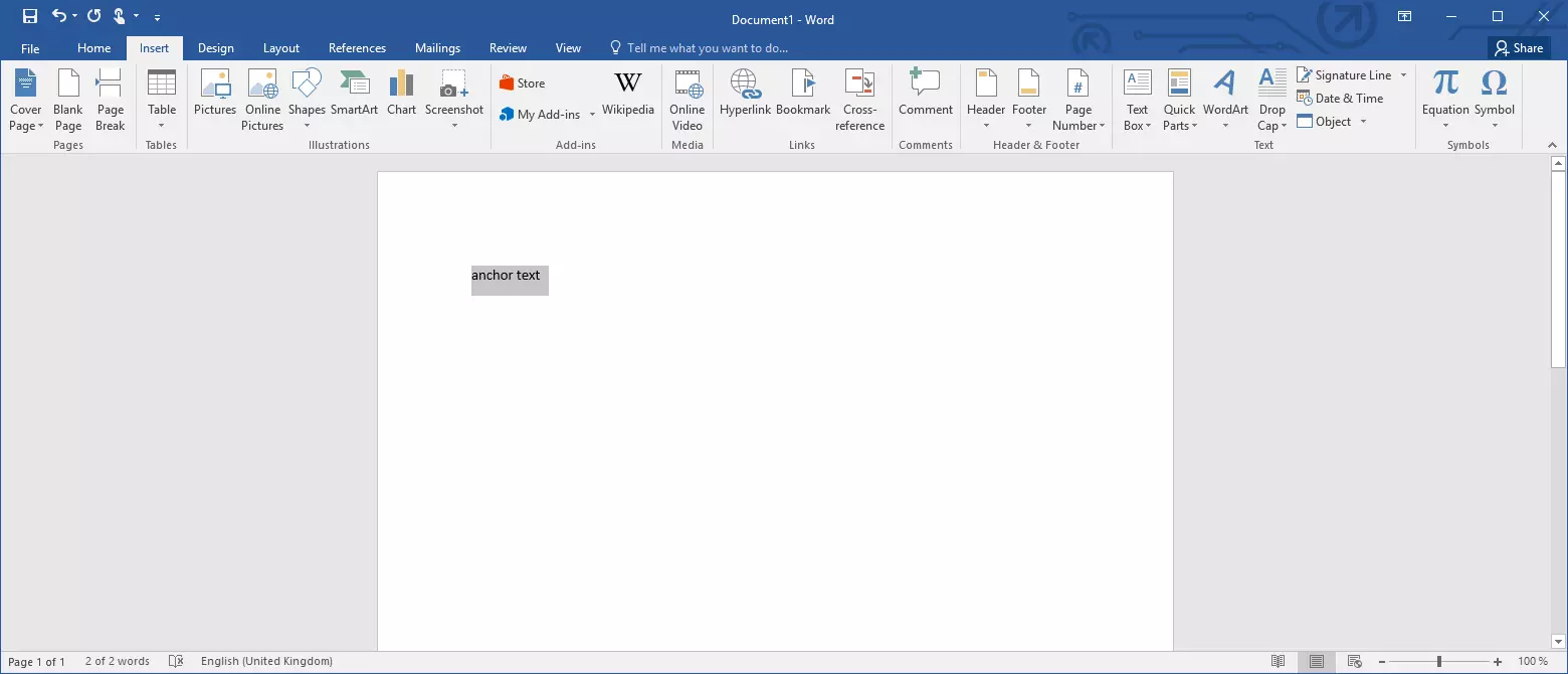 Microsoft Word: The “Link” button in the “Insert” tab