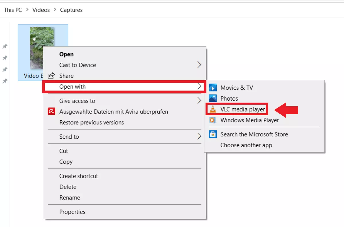 Right-click on the video and then select “Open with” followed by “VLC media player”