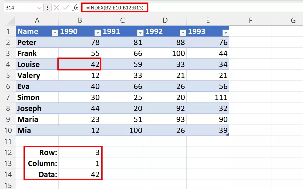 Excel table with a simple INDEX function