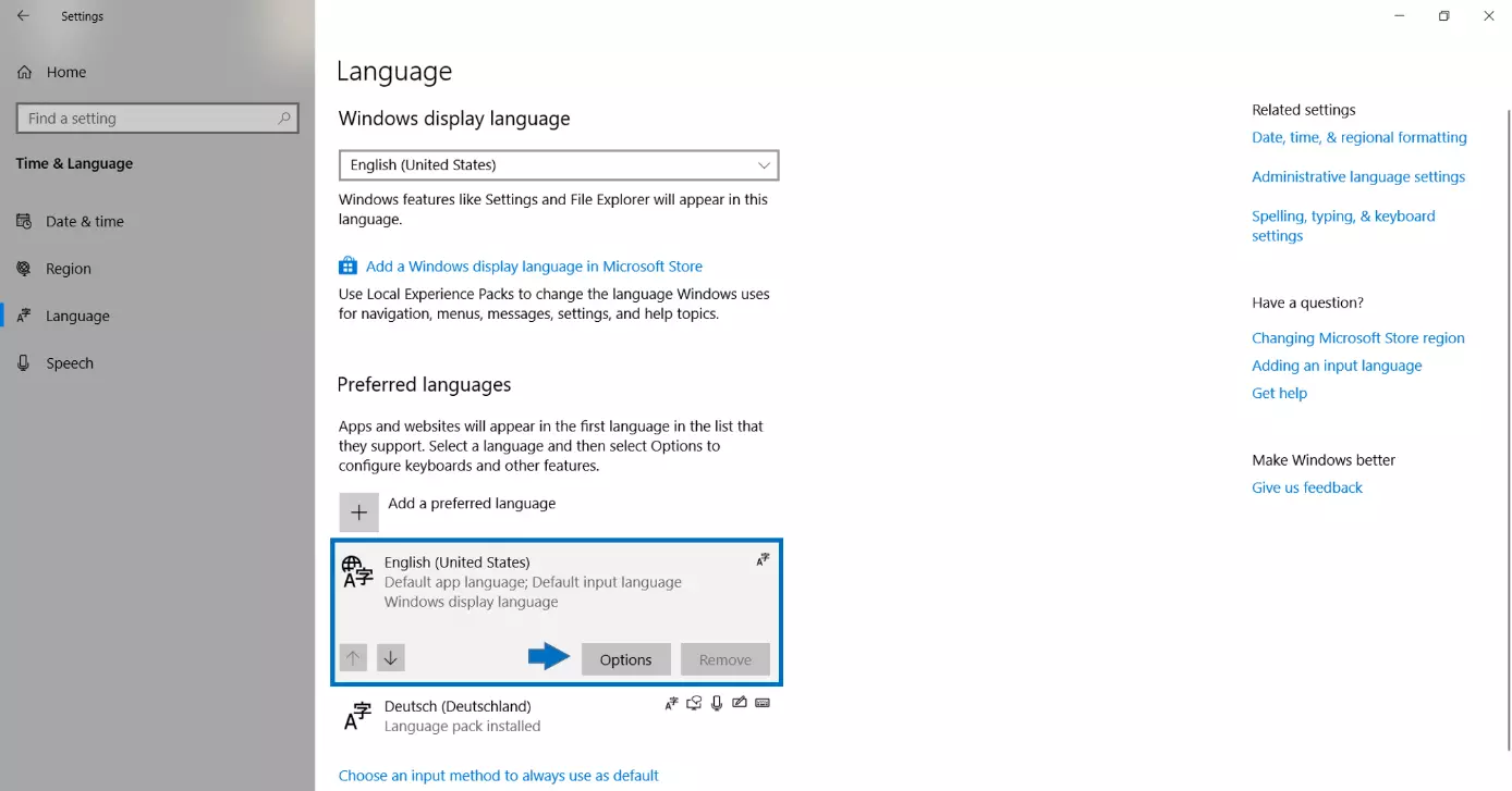 Preferred language options in the Windows Settings