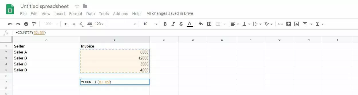 Google Sheets: selected range of values for COUNTIF 