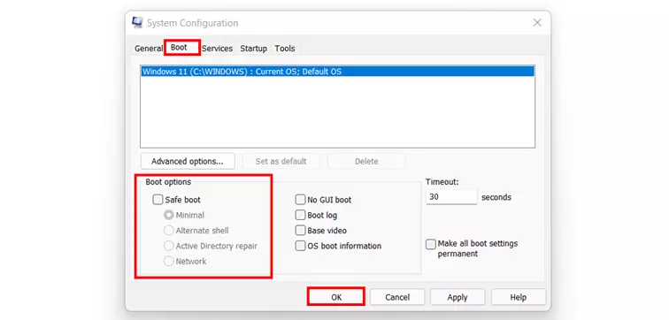 Windows 11: Turn off Safe Mode in msconfig