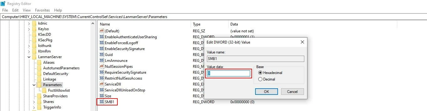 SMB1 entry in the Windows 10 Registry