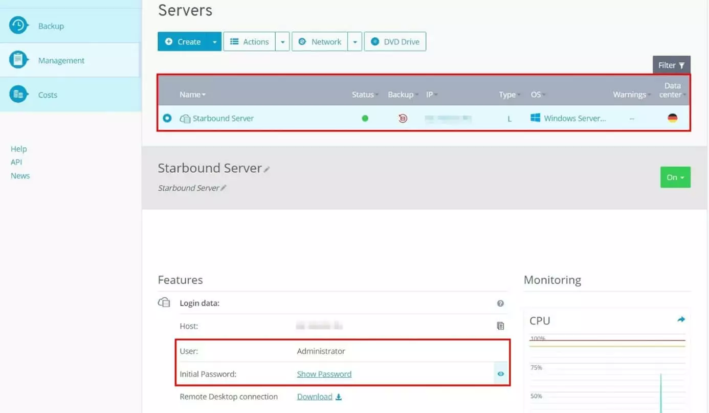 The overview of your server and access data in the IONOS Cloud Panel