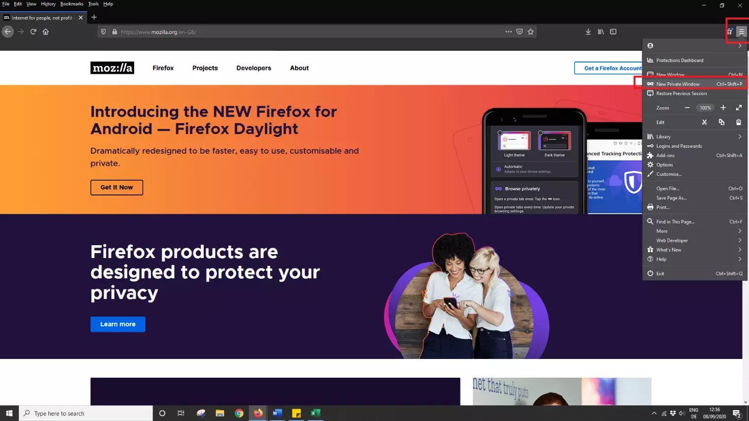 Activate new private window in Mozilla Firefox