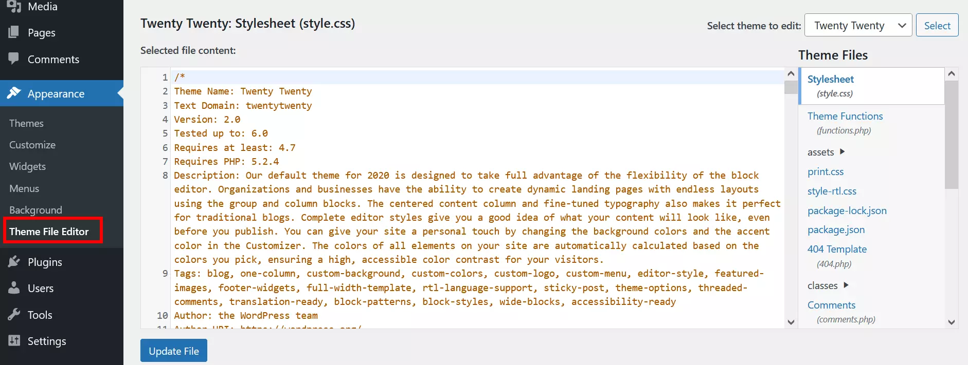 Screenshot of Theme File Editors in WordPress dashboard
