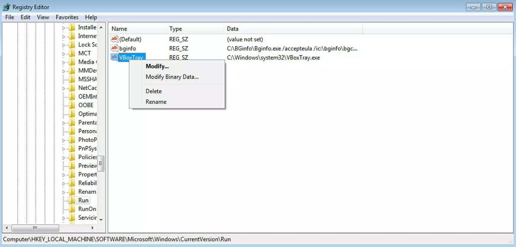 Registry with Startup entries in Windows 7