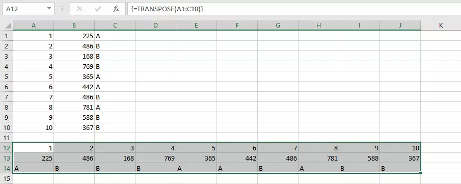 Figure shows how to transpose in Excel with the TRANSPOSE function