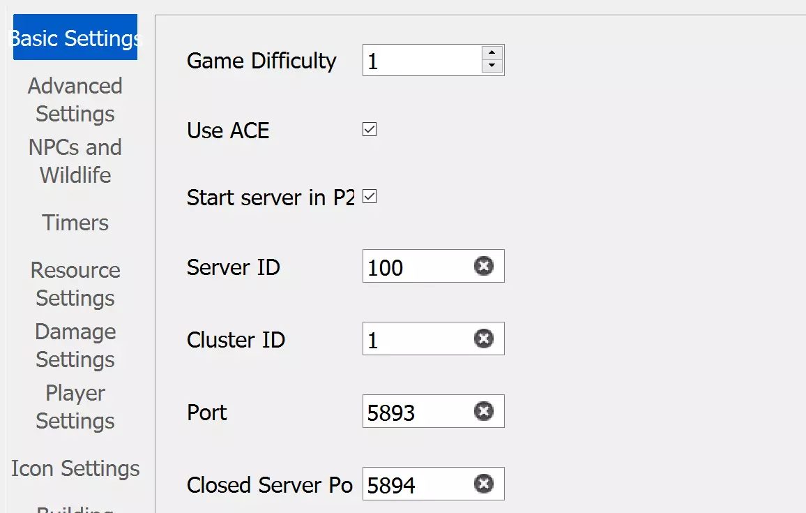 Myth of Empires server settings menu.