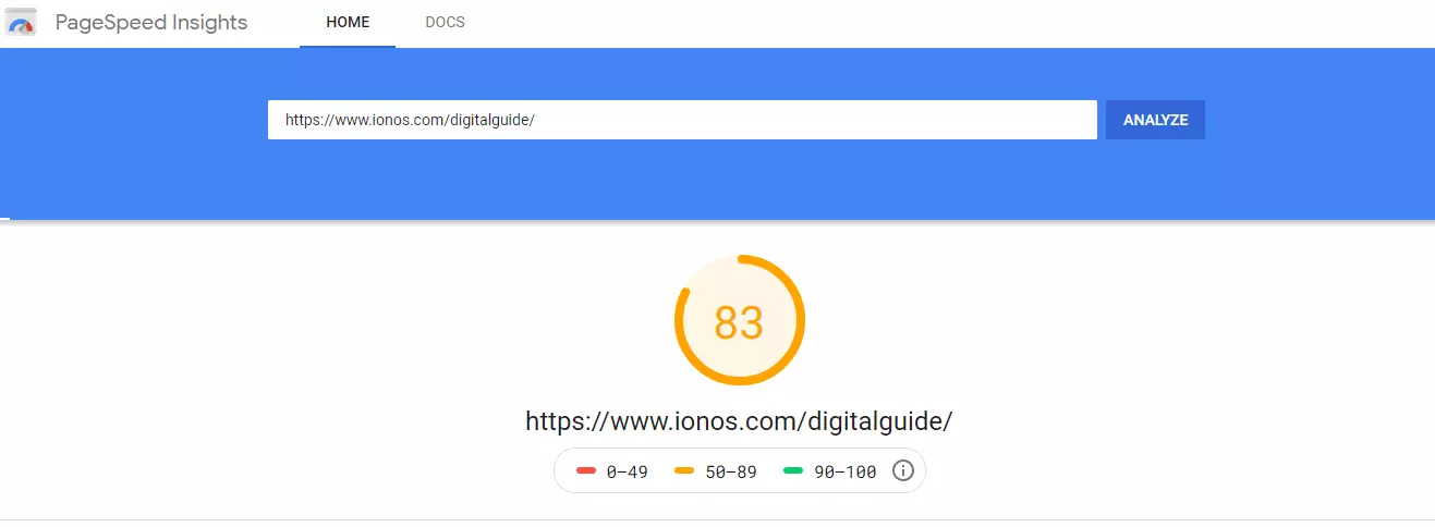 PageSpeed Insights: Example of a performance score