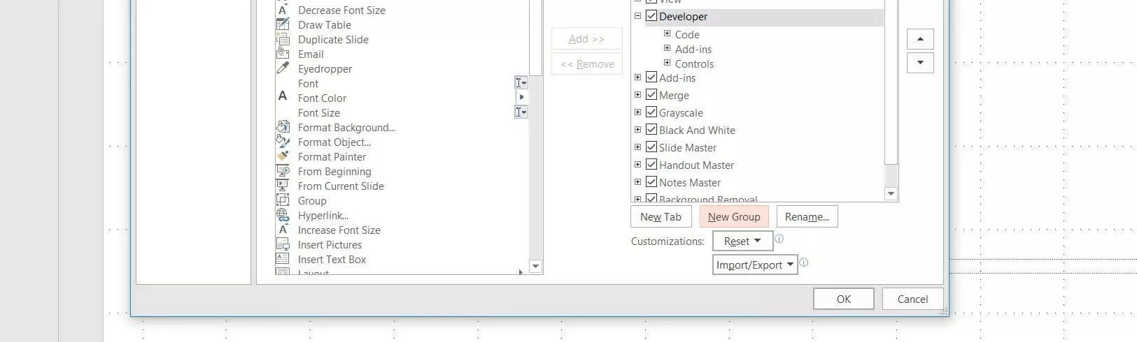 PowerPoint 2016 options: Adding a new group