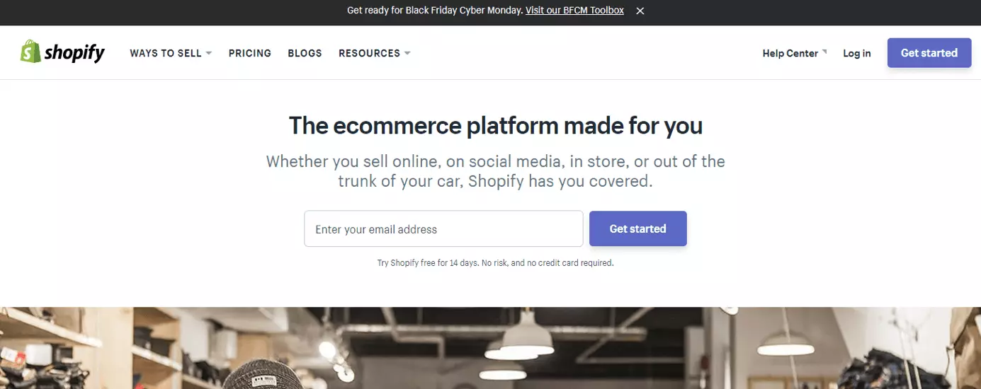 Homepage of shopify.com