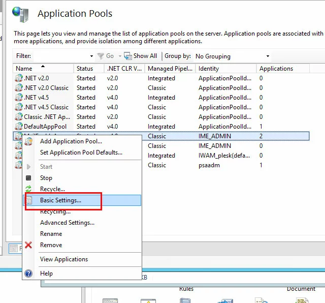 IIS manager, Application Pools: contextual menu, “Basic settings”