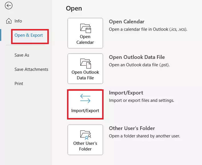 Outlook Open & Export menu