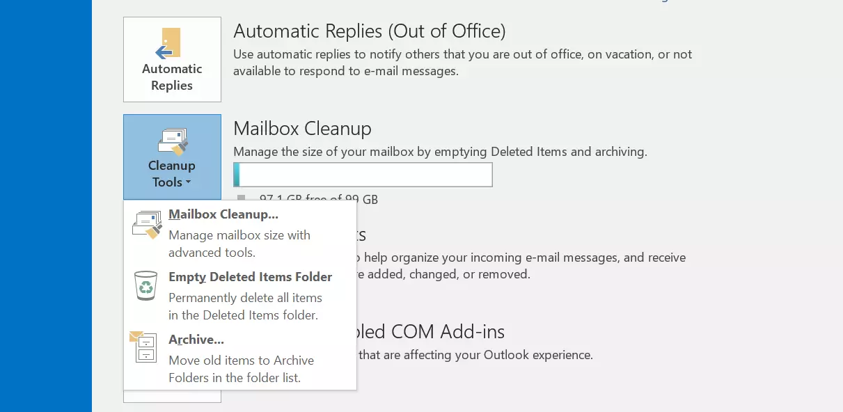 Microsoft Outlook 2016: The “File” tab and “Cleanup Tools” button