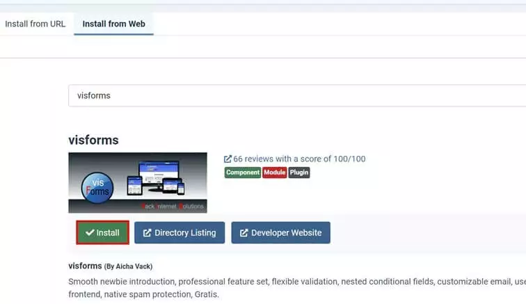 Joomla backend: Install visforms from web