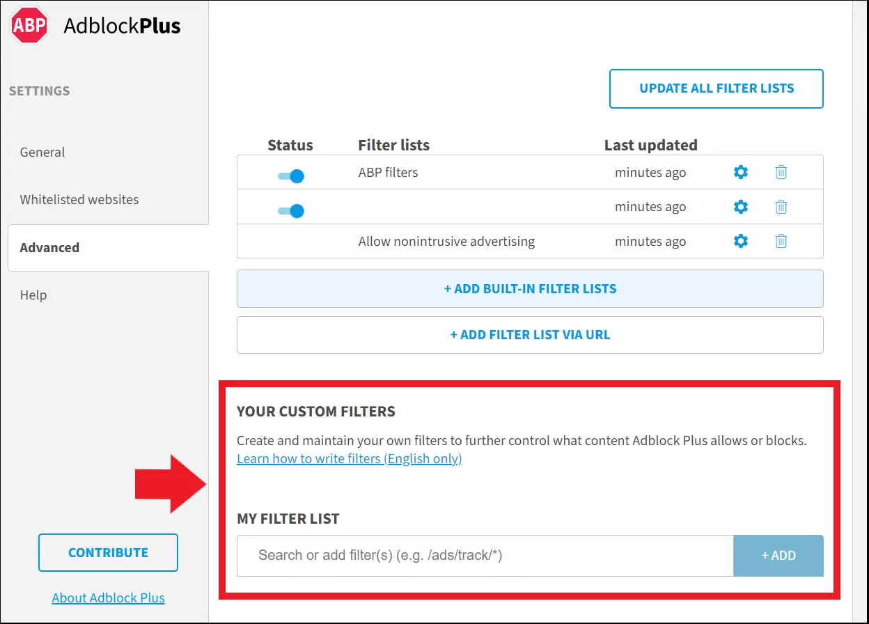 Option for exceptions in the Adblock Plus settings