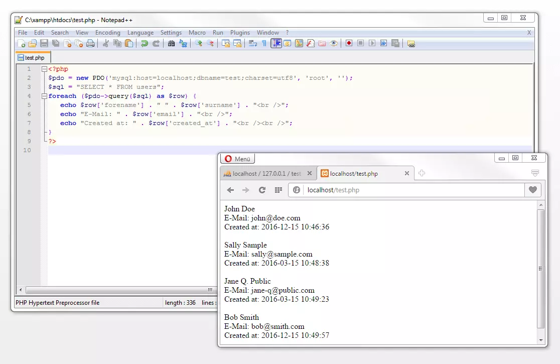 PHP script with an SQL statement including place holder and browser output via localhost