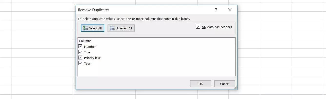 Excel: “Remove Duplicates” dialog