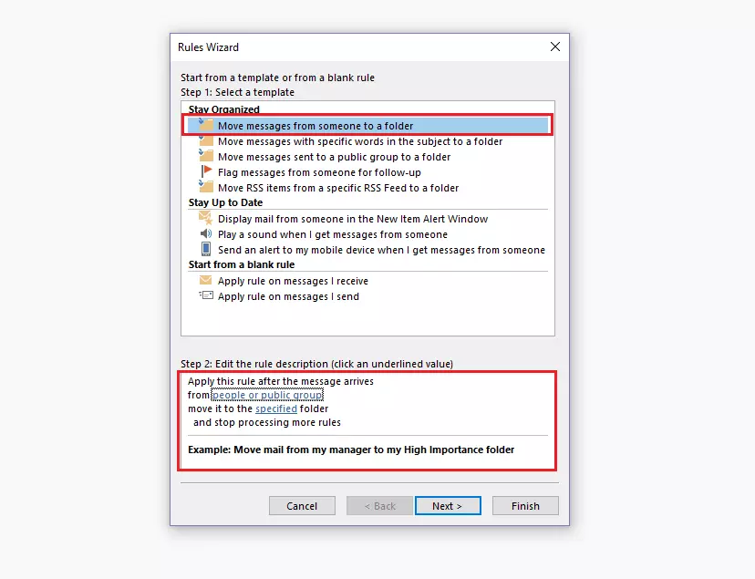 Outlook Rules Wizard: rule template selection