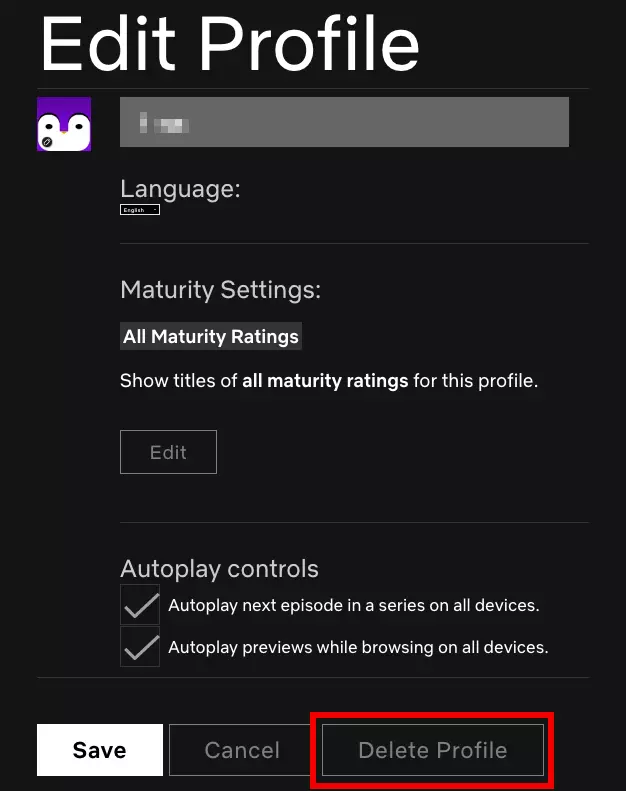 Netflix browser version: “Edit Profile” screen