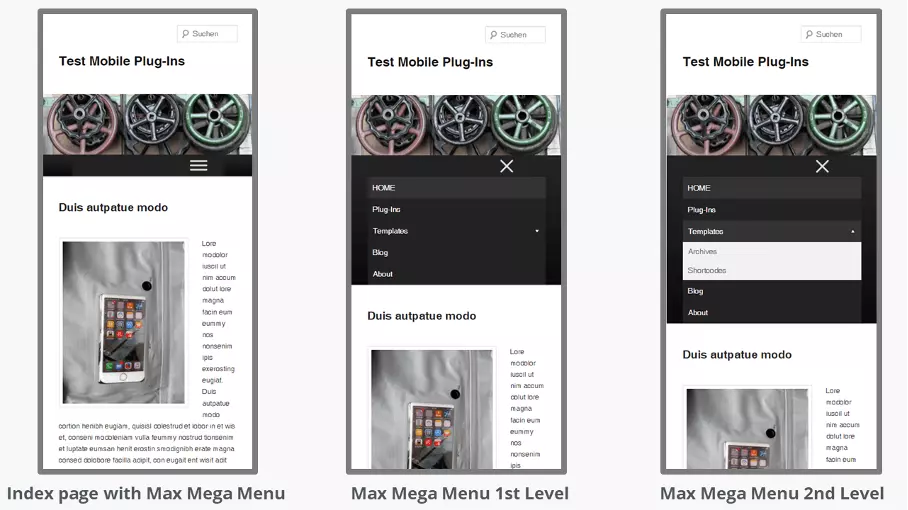 Screenshots of test website with Max Mega Menu