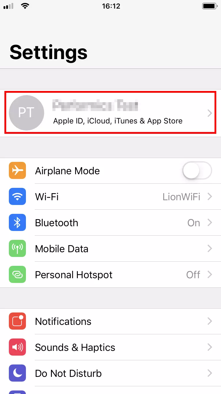 iOS: “Settings” menu