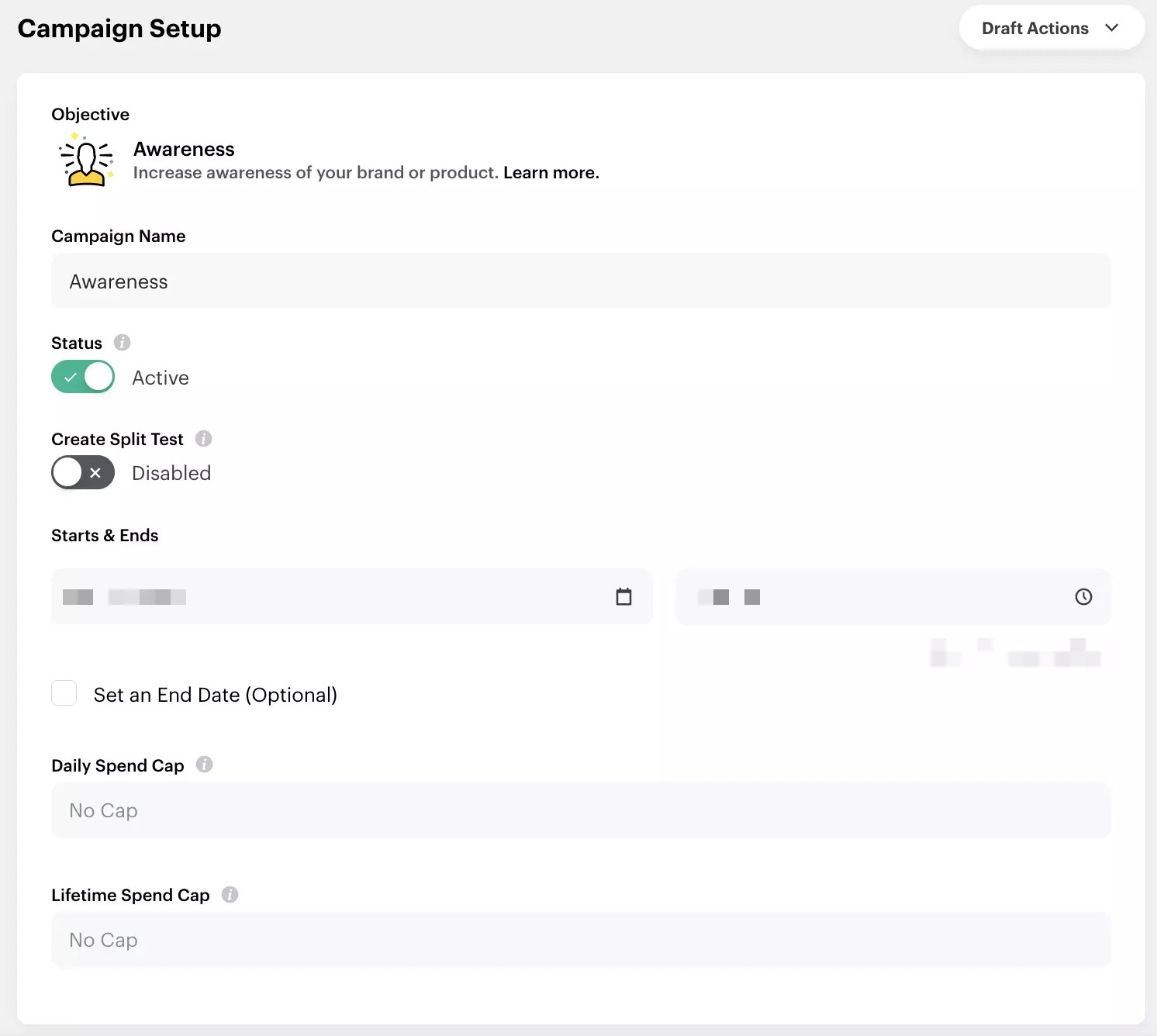 Screenshot of the “Campaign Setup” in the Ads Manager