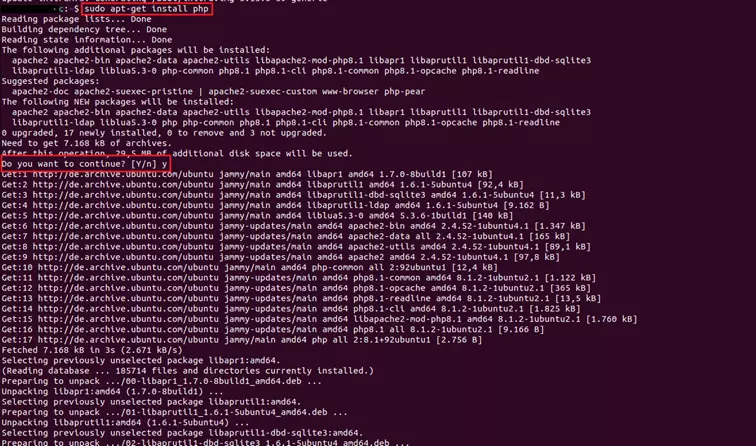 Screenshot of Ubuntu terminal after entering the installation command for PHP