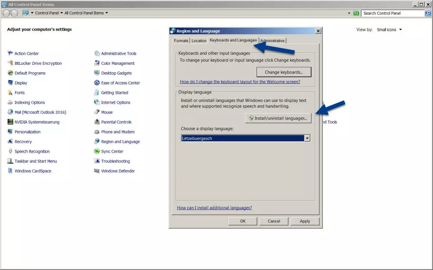 “Keyboards and Languages” menu tab in Windows 7