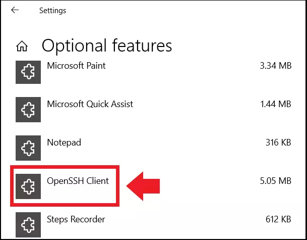 The Optional Features menu with the OpenSSH client