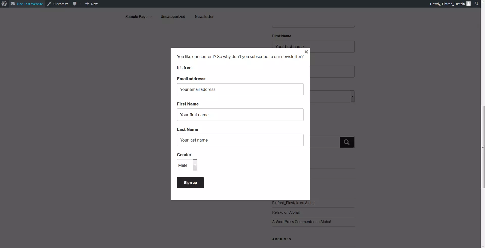 registration form as a page overlay