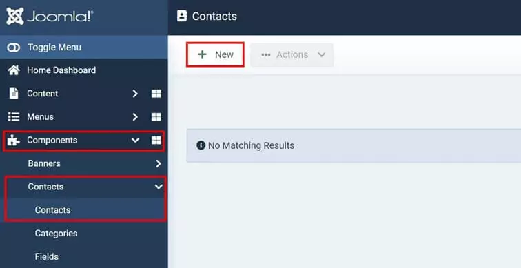 Joomla backend: “Contact” menu