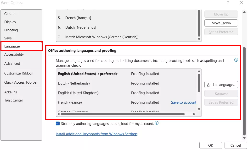 Office authoring languages and proofing in Word