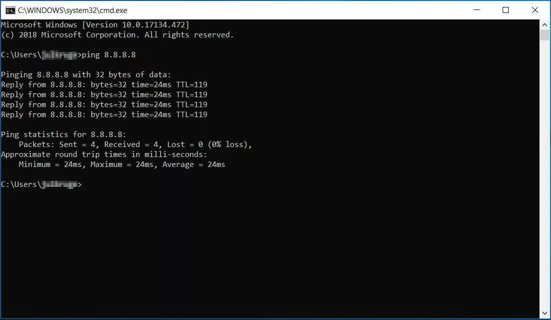 Ping statistics in the Windows terminal