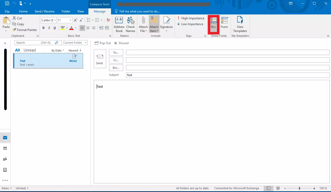 Outlook 2016: The “Bcc” button in the “Message” tab