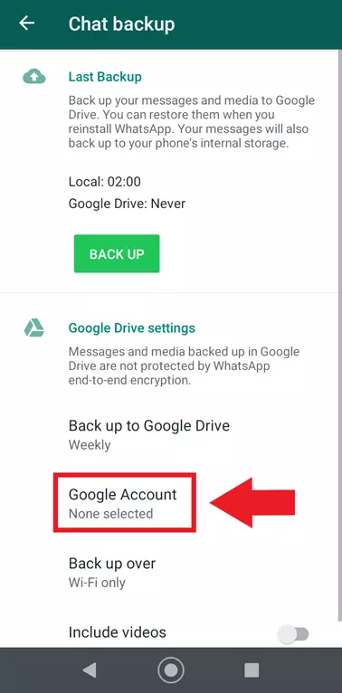 WhatsApp chat backup menu with “Google Account” settings