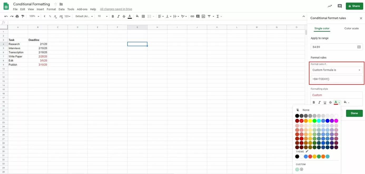 Google Sheets: Rules for conditional formatting