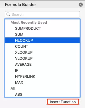 HLOOKUP function in the Excel formula builder