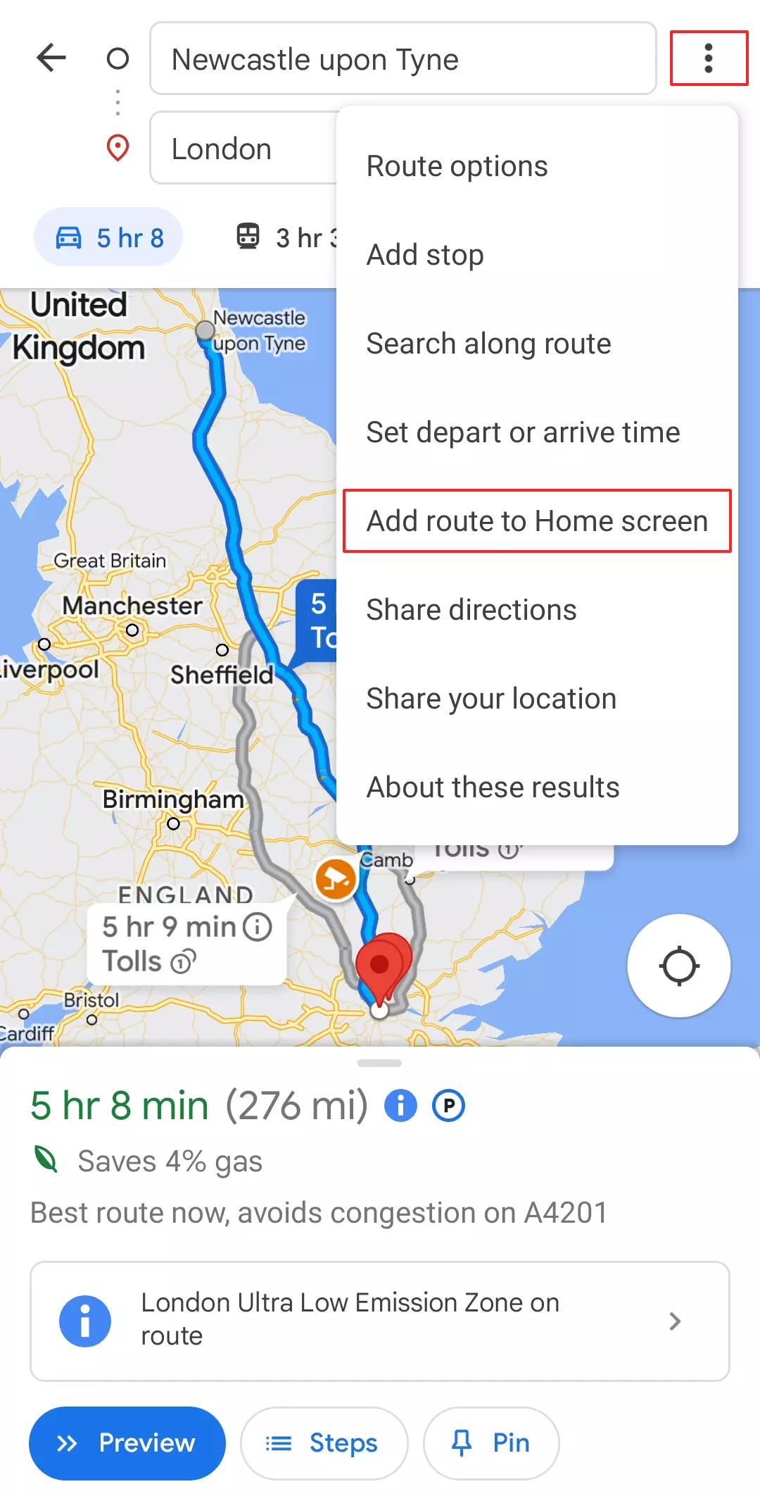 Screenshot of Google Maps features