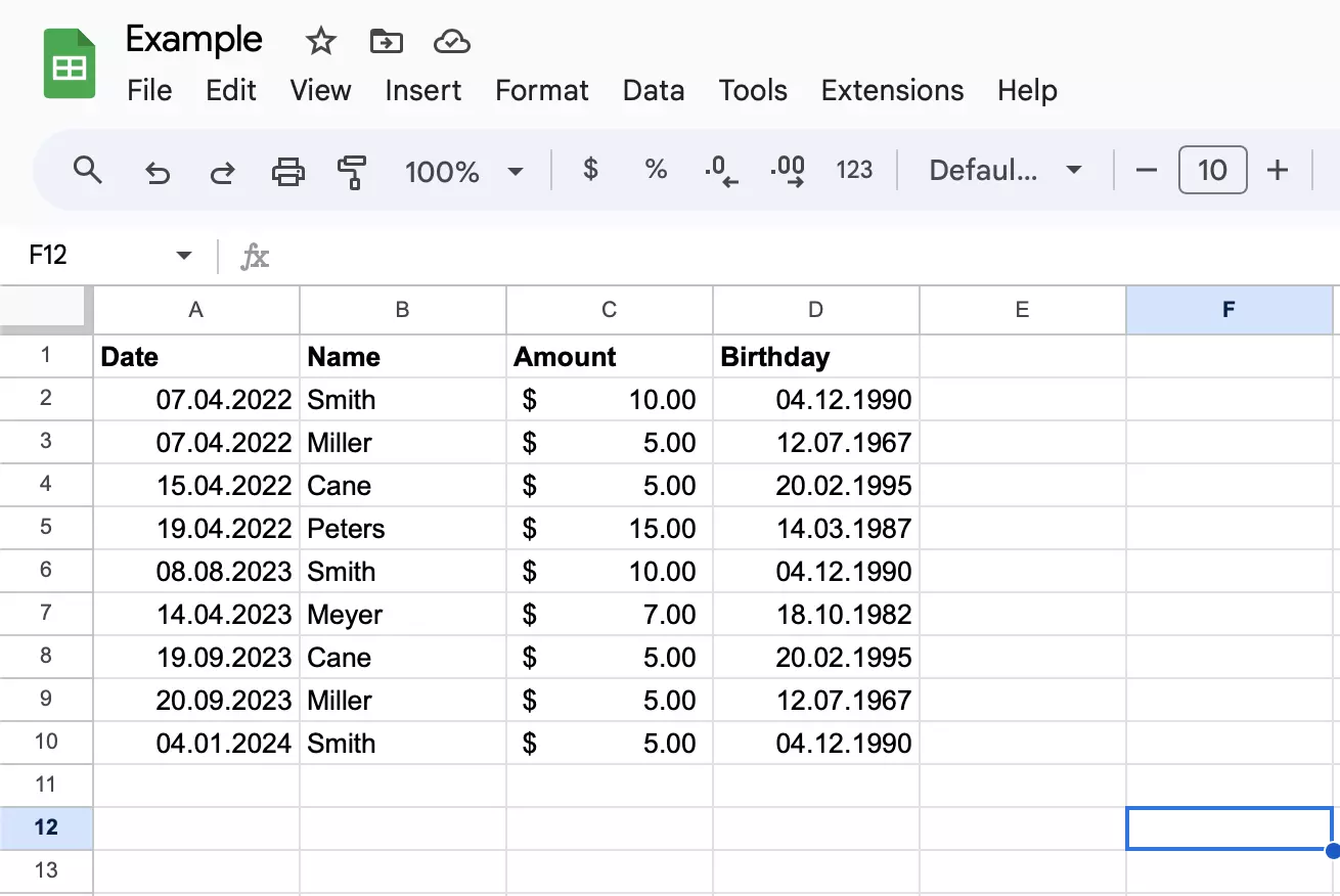 Screenshot of an example table