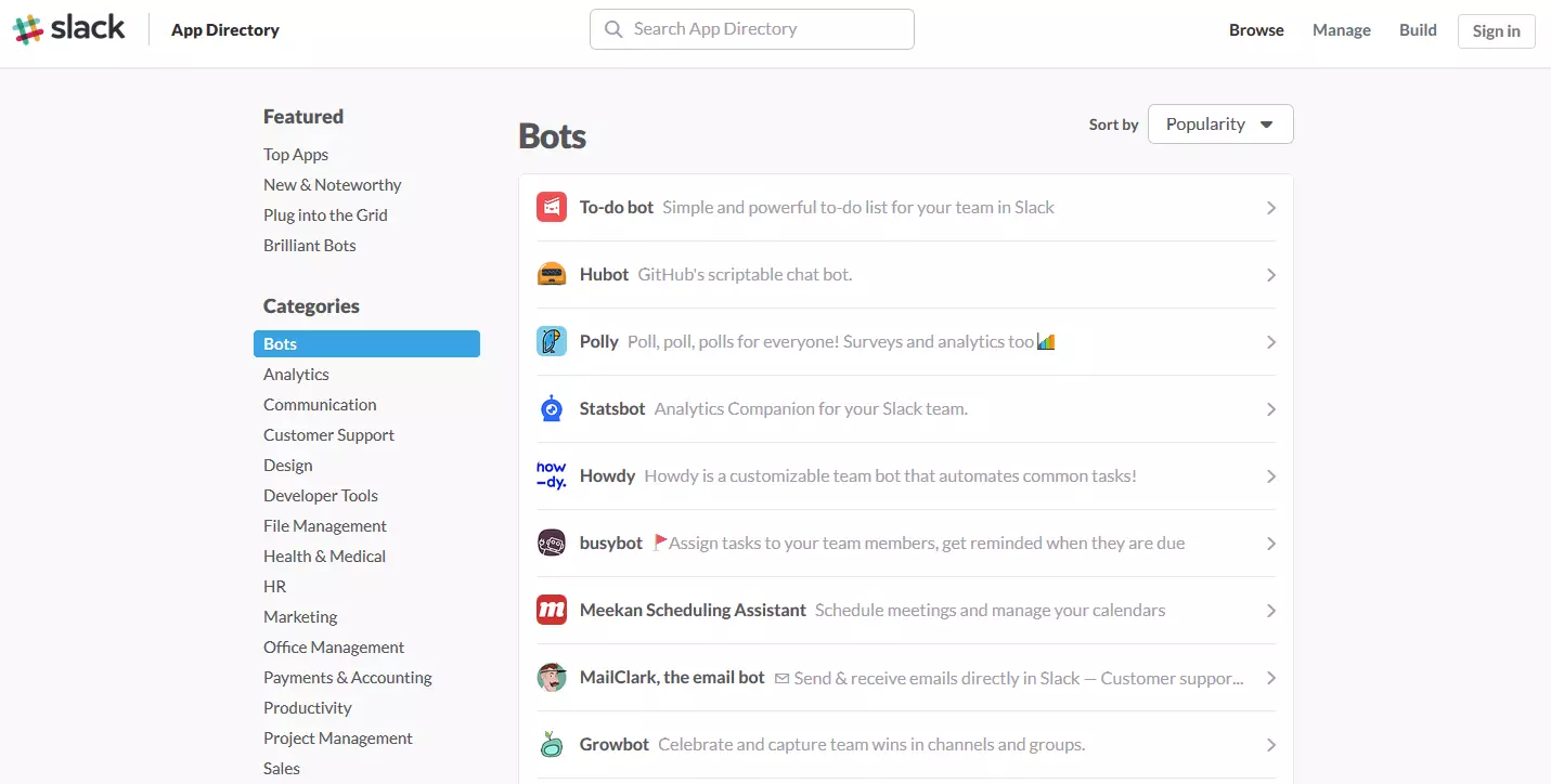 list of the different Slack bots