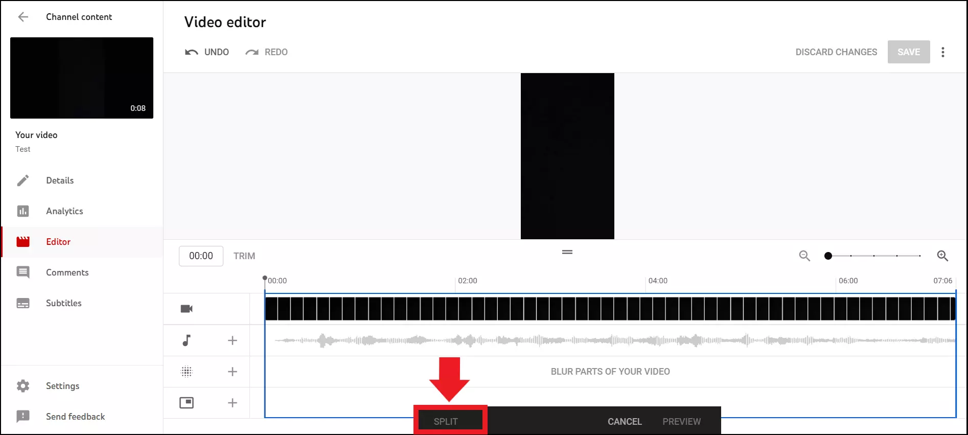 The blue timeline for trimming a video