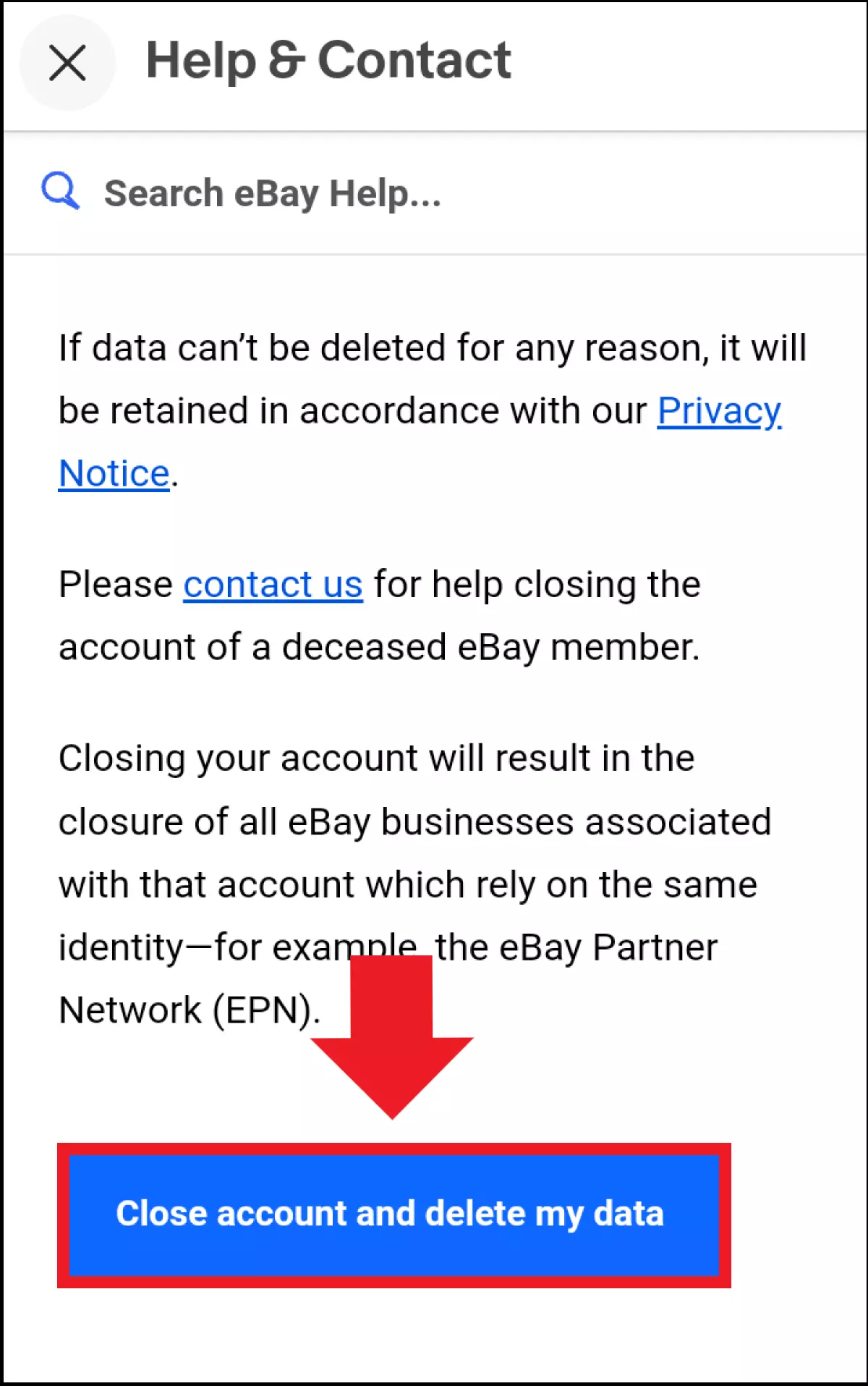 Screenshot of the eBay help page with the “Close account” button