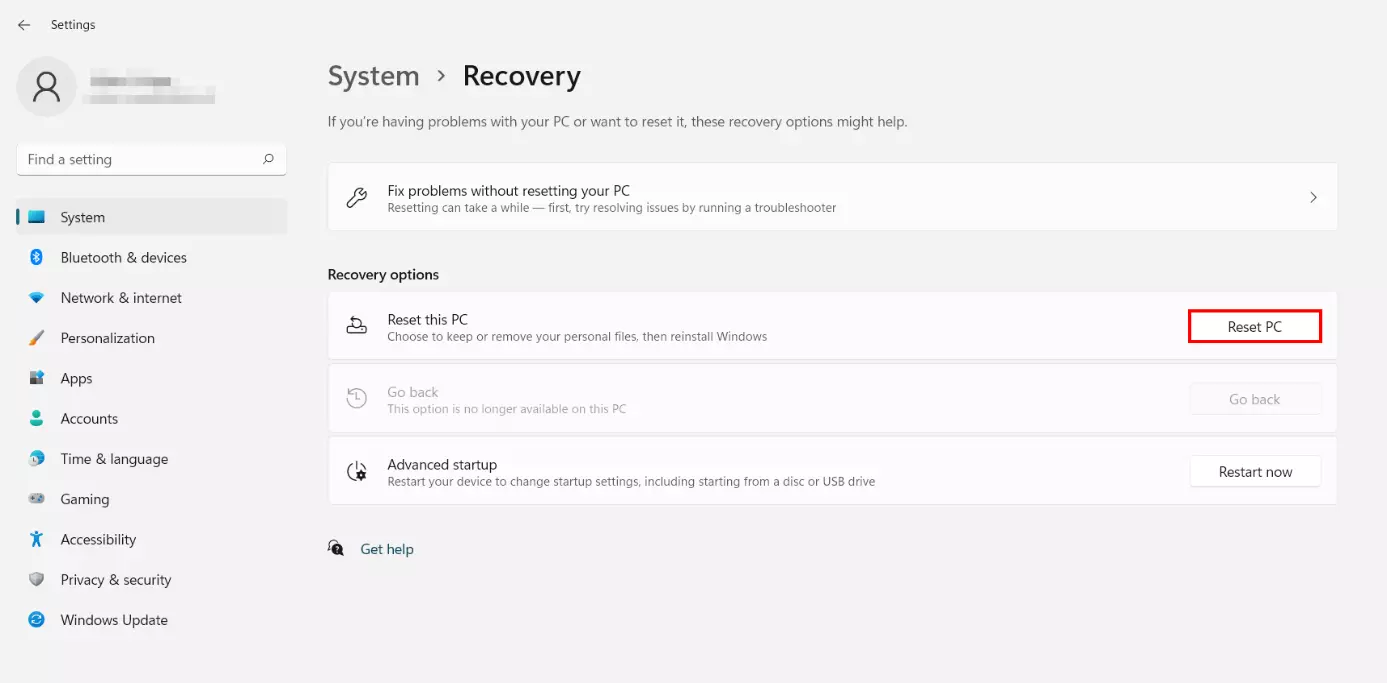 Windows 11 System Settings with Recovery Menu